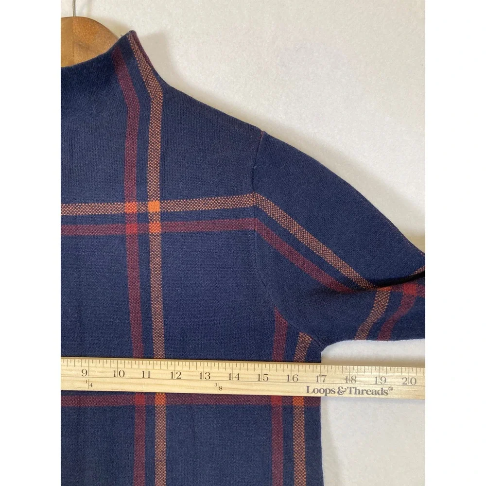 Dark Academia Max Studio Women‎ S Navy Blue Orange Plaid Mock Neck Sweater